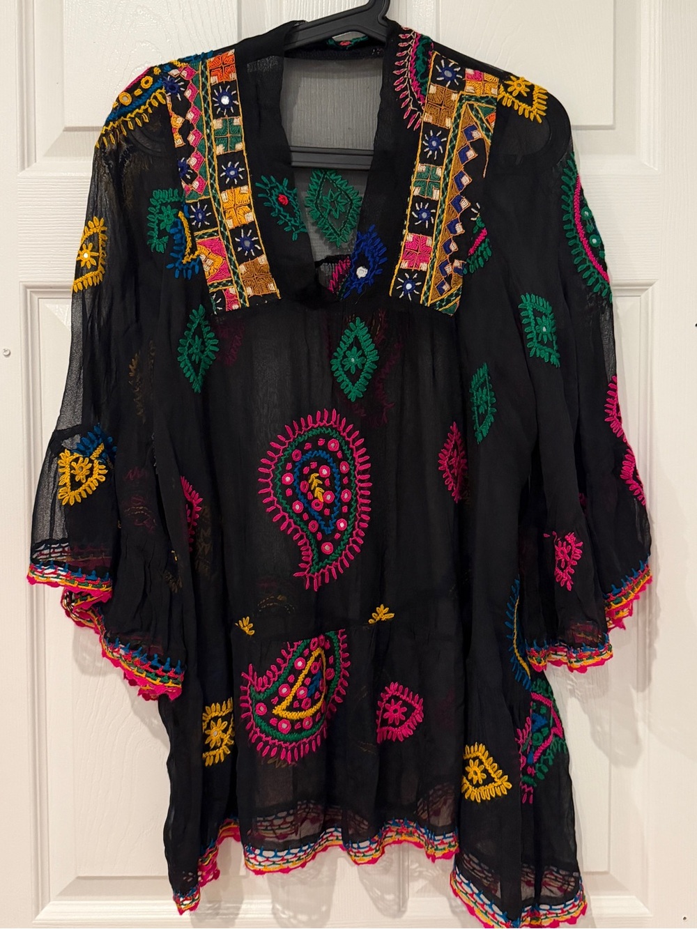 Embroidered Black Boho Tunic Top with Multicolor Accents
